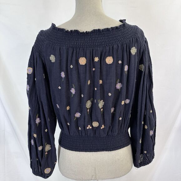 FREE PEOPLE SAACHI SMOCK Off the Shoulder EMBROIDERED FLORAL TOP Size M Boho - Picture 7 of 9